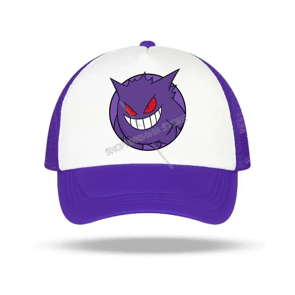Purple and white baseball cap featuring a cartoon gengar with red eyes and sharp teeth for pokémon fans
