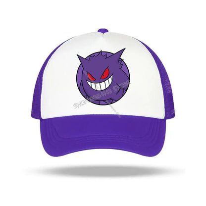 Purple and white baseball cap featuring a cartoon gengar with red eyes and sharp teeth for pokémon fans
