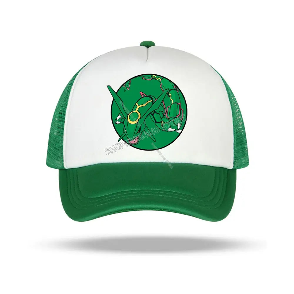 Green and white trucker baseball cap featuring a circular rayquaza graphic from the pokémon cartoon for kids and adults