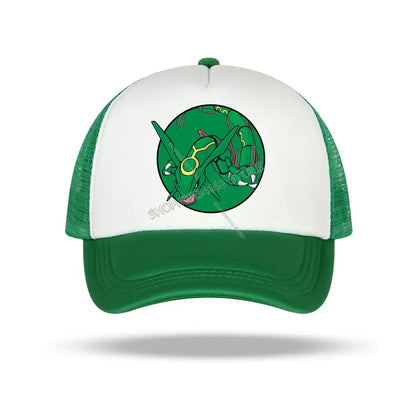Green and white trucker baseball cap featuring a circular rayquaza graphic from the pokémon cartoon for kids and adults