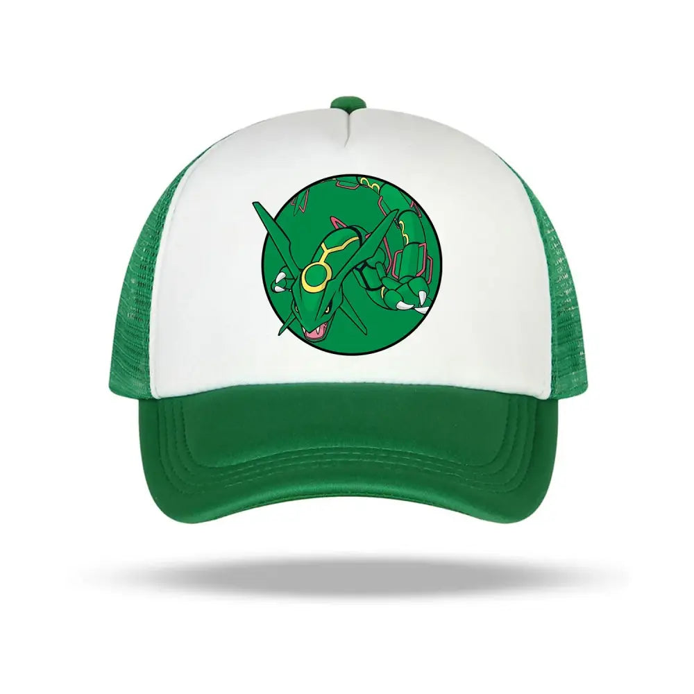 Green and white trucker baseball cap featuring a circular rayquaza graphic from the pokémon cartoon for kids and adults