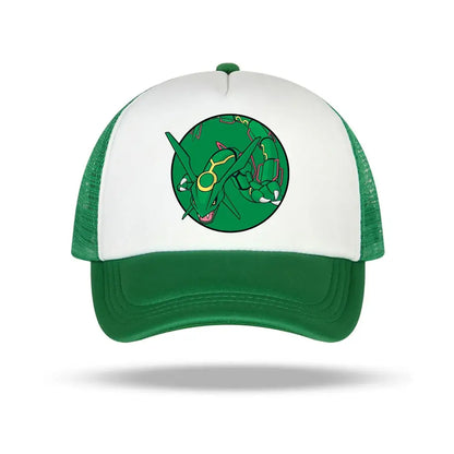 Green and white trucker baseball cap featuring a circular rayquaza graphic from the pokémon cartoon for kids and adults