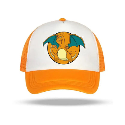 Orange and white baseball cap featuring a circular graphic of pokémon cartoon charizard with teal wings for kids and adults