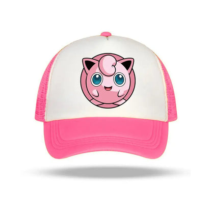 Pink and white trucker baseball cap featuring a cartoon jigglypuff design for pokémon fans kids and adults