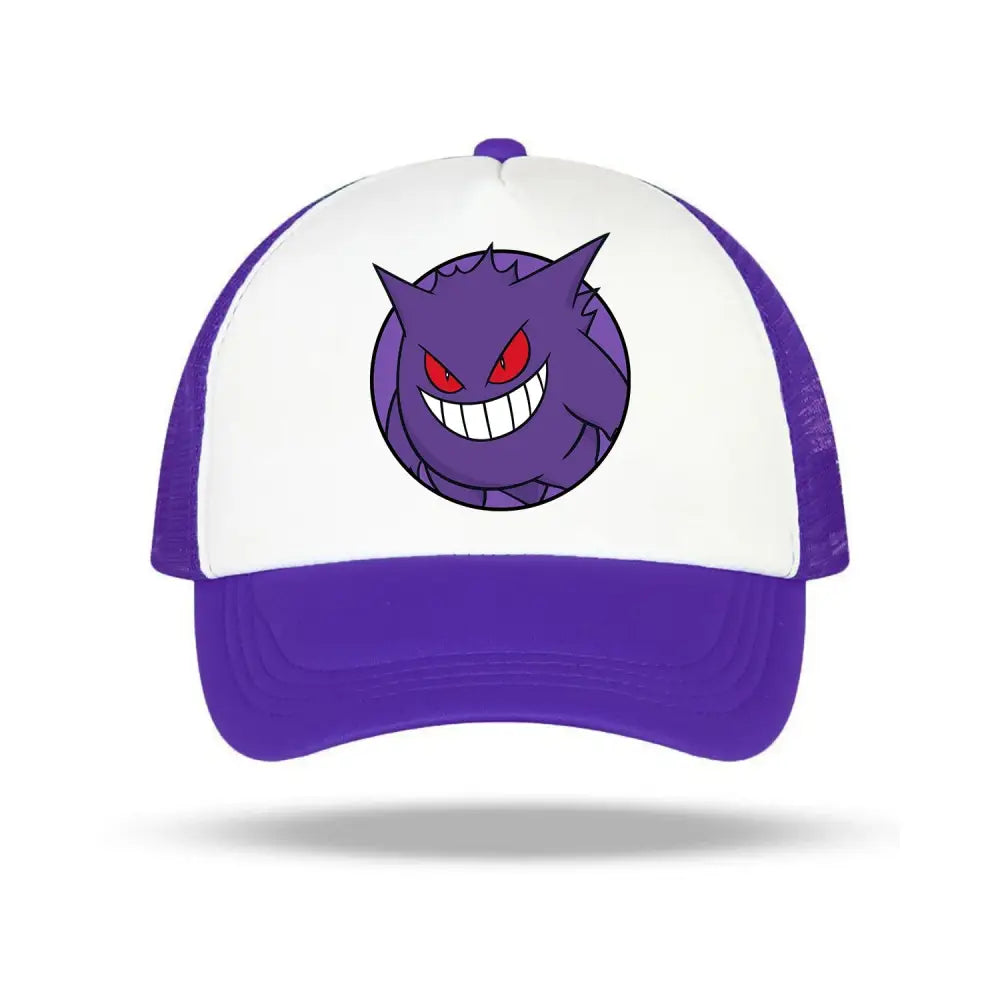 Purple and white baseball cap featuring a pokémon cartoon gengar design for kids and adults