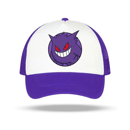 Purple and white baseball cap featuring a pokémon cartoon gengar design for kids and adults