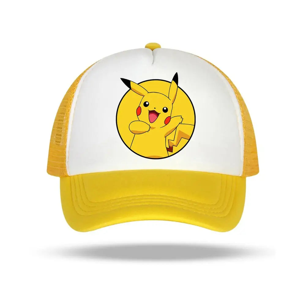 Yellow and white mesh Pokémon cartoon baseball cap featuring a circular Pikachu graphic for kids and adults