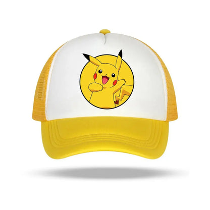 Yellow and white mesh Pokémon cartoon baseball cap featuring a circular Pikachu graphic for kids and adults