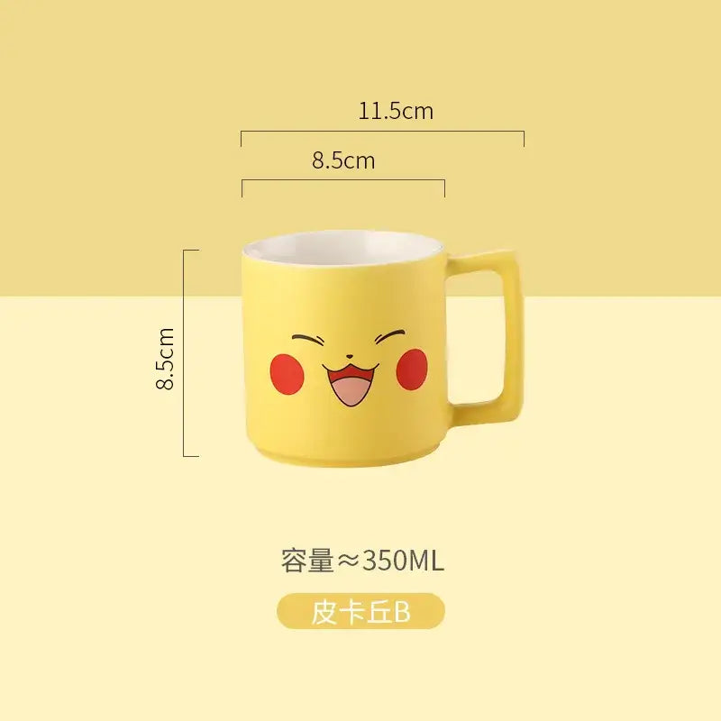 Yellow pikachu ceramic mug with red cheeks smiling face 350ml capacity 11.5cm width cute coffee cup