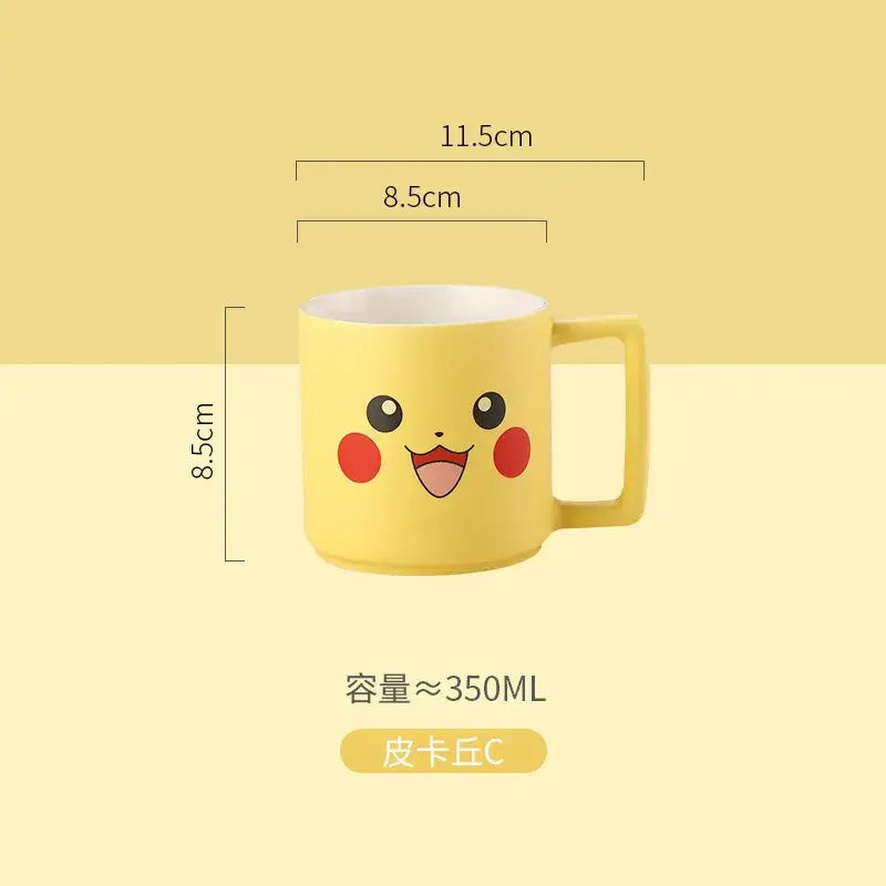 Yellow ceramic pikachu ceramic mug with smiling face red cheeks black eyes labeled pikachu c in chinese for coffee use