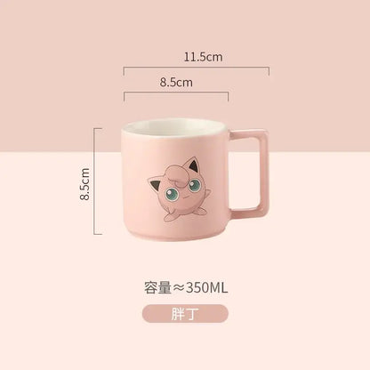 Pink ceramic mug featuring a printed jigglypuff illustration in a cute pokemon pikachu ceramic mug design