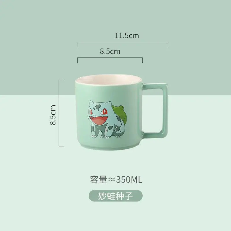 Mint green ceramic mug featuring a bulbasaur illustration with red eyes from the pikachu ceramic mug collection