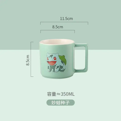 Mint green ceramic mug featuring a bulbasaur illustration with red eyes from the pikachu ceramic mug collection
