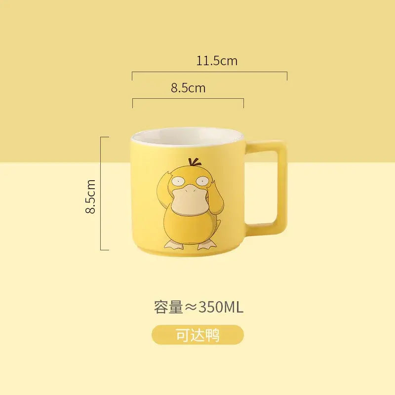 Yellow ceramic pikachu ceramic mug featuring a cartoon psyduck illustration perfect for coffee or tea fans