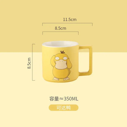 Yellow ceramic pikachu ceramic mug featuring a cartoon psyduck illustration perfect for coffee or tea fans