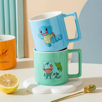 Pokemon pikachu ceramic mug features a light blue squirtle and mint green bulbasaur ceramic mug stack design