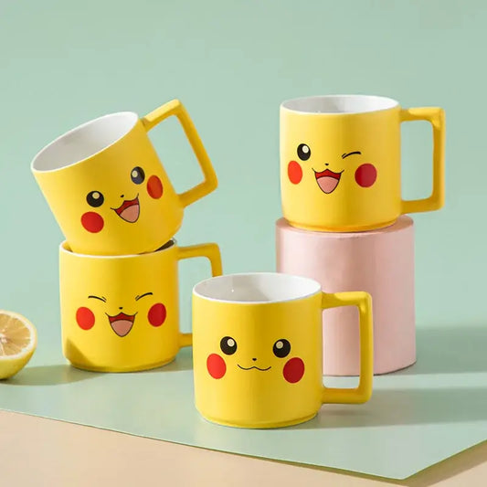 Yellow pikachu ceramic mug with cheerful facial expression and red cheeks perfect for cute coffee cups