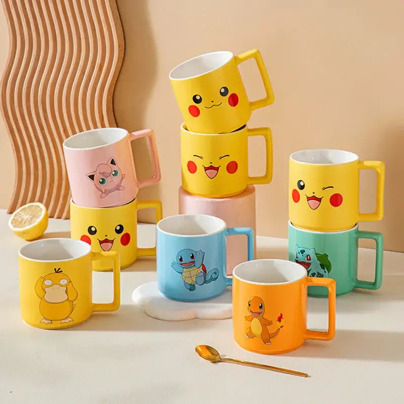 Yellow pikachu ceramic mug with red cheeks and smiling face perfect for a cute coffee cup