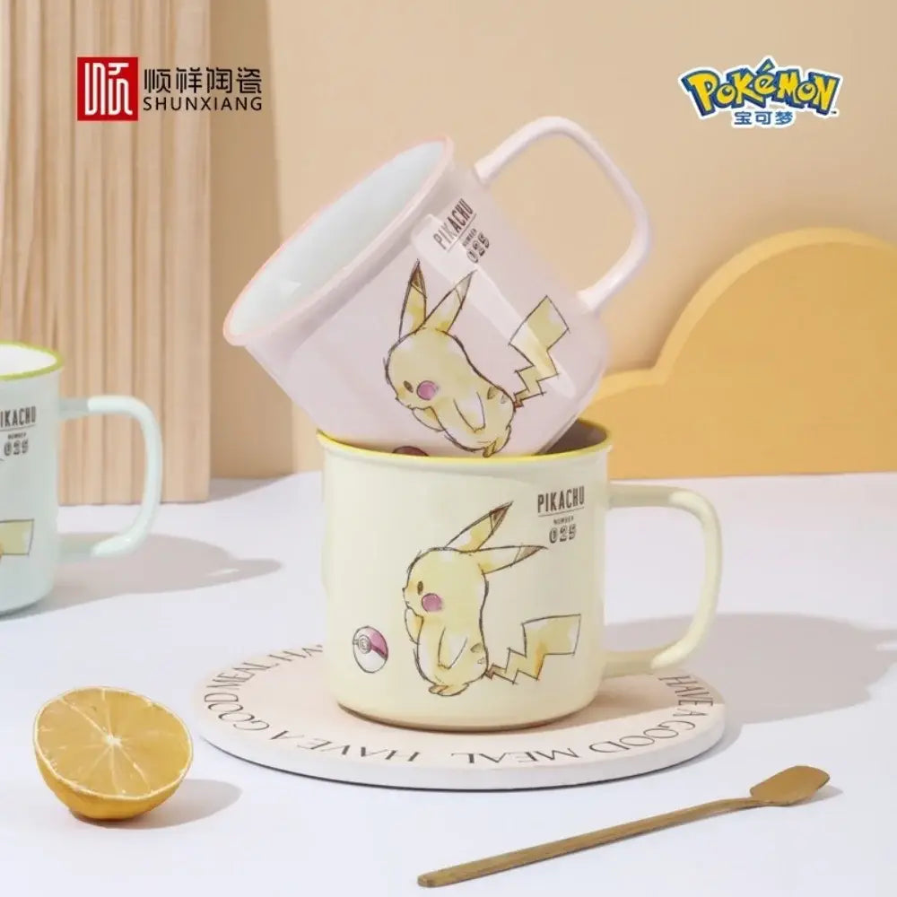 Cream-colored ceramic mug featuring a kawaii yellow pikachu ceramic design with pikachu printed nearby