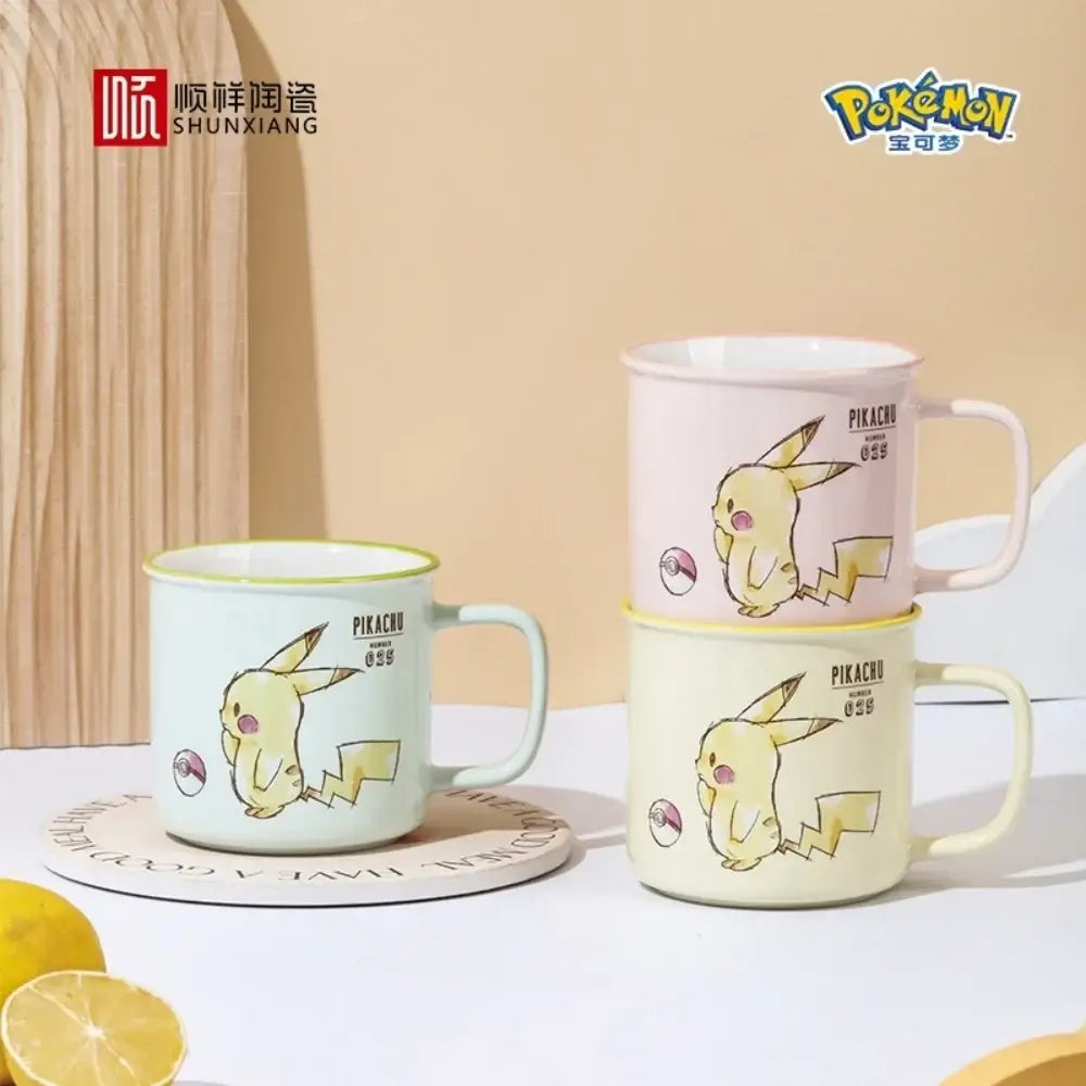 Pastel-colored ceramic mug featuring pikachu illustrations from pokémon with a kawaii pattern design