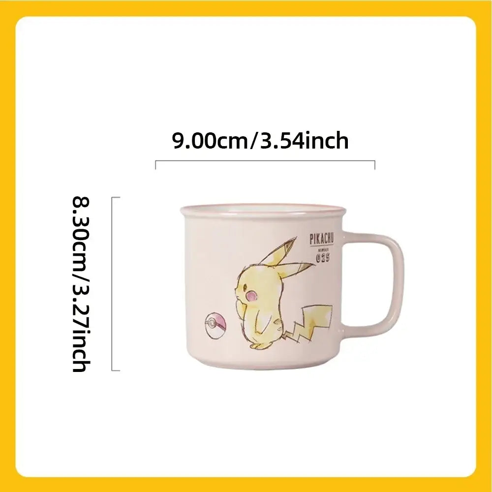 White ceramic pikachu ceramic mug featuring a kawaii pattern with pikachu holding a poké ball and printed text 025