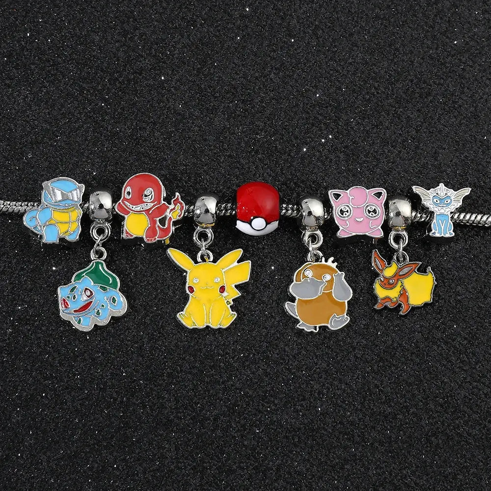 Colorful enamel metal bangle charm bracelet featuring pikachu charm and other pokémon character charms