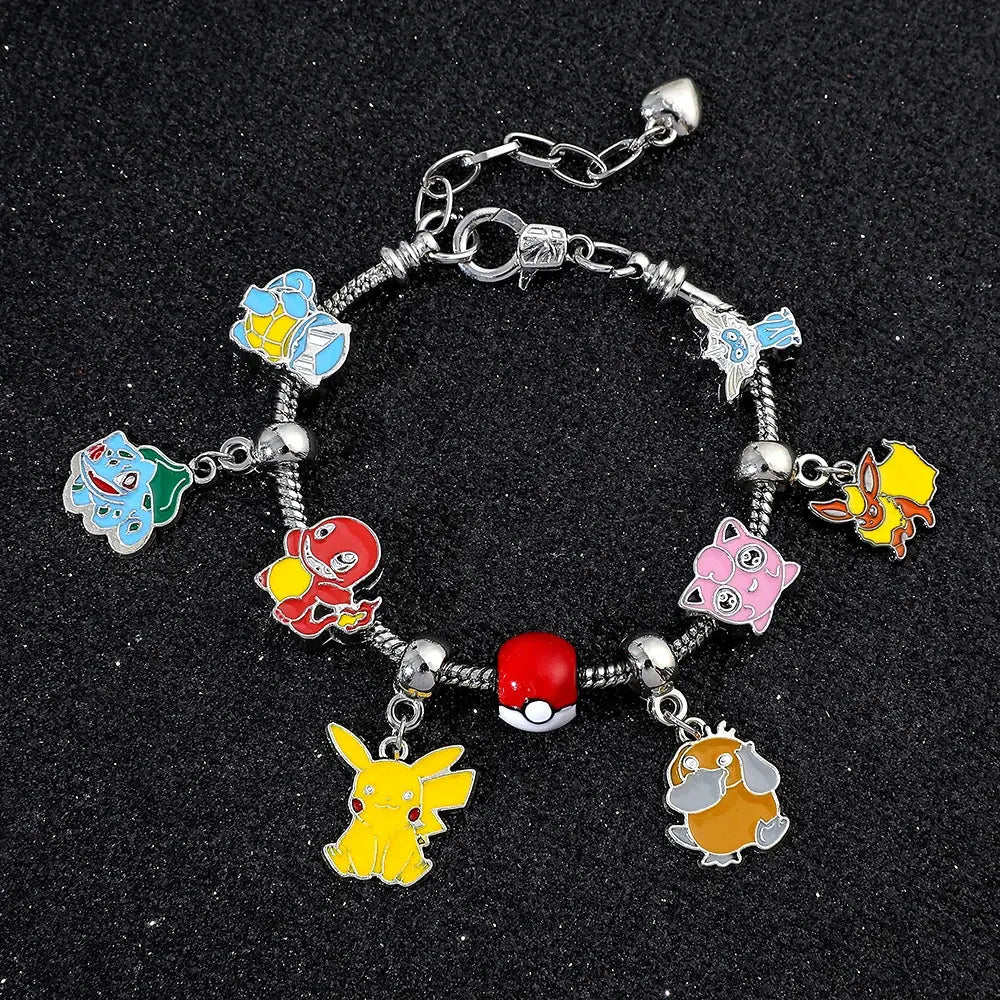 Pokemon pikachu charm bracelet metal bangle with colorful enamel pokémon charms and red poké ball pendant