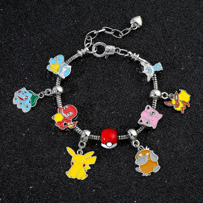 Pokemon pikachu charm bracelet metal bangle with colorful enamel pokémon charms and red poké ball pendant