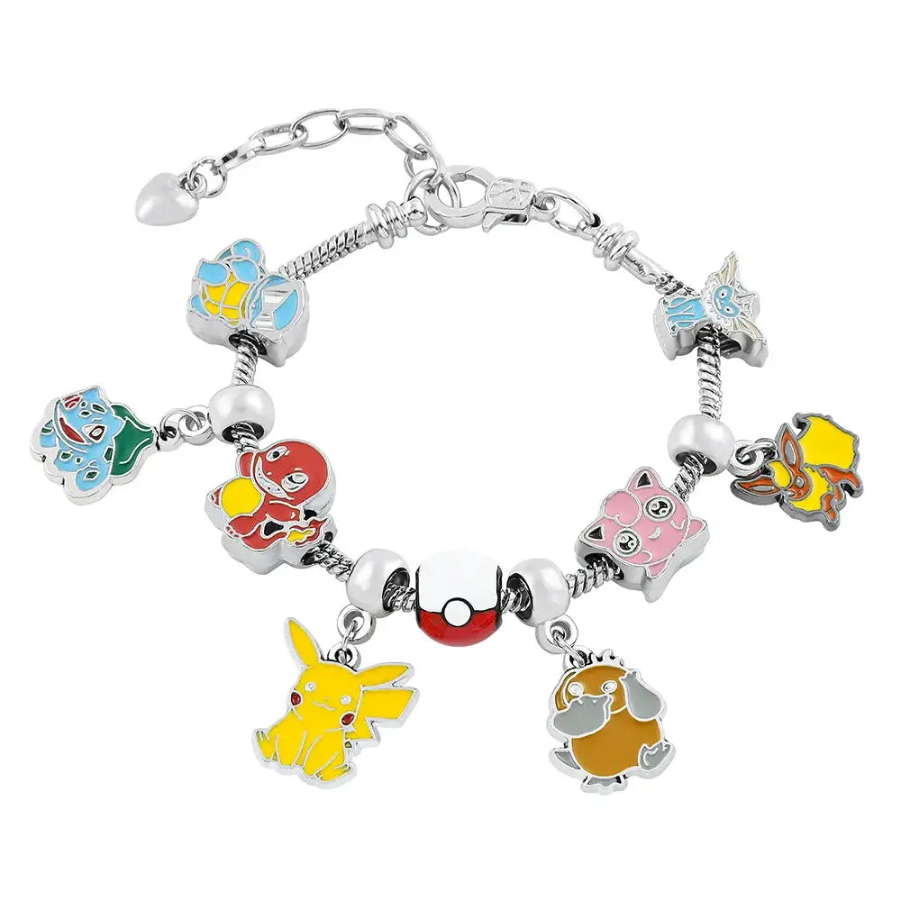 Silver metal bangle charm bracelet featuring colorful enamel pokémon characters and a red poké ball bead with pikachu charm