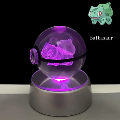 Pokemon pikachu crystal ball led night light featuring a glowing purple bulbasaur figurine inside a crystal ball lamp