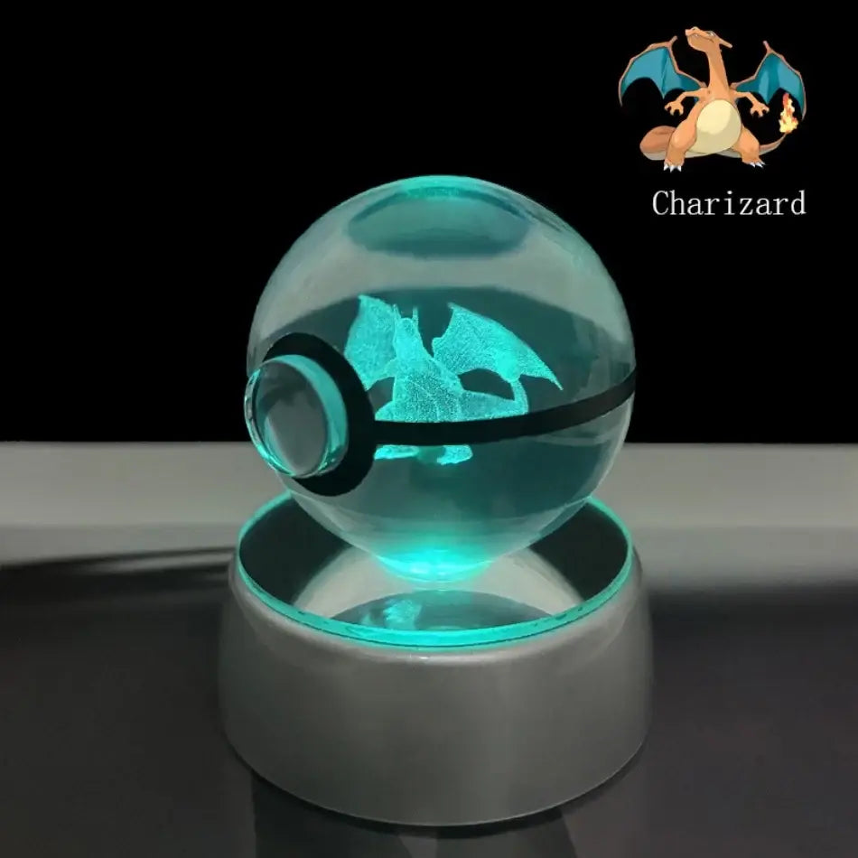 Pokemon pikachu crystal ball led night light with glowing teal crystal ball led and illuminated charizard silhouette inside