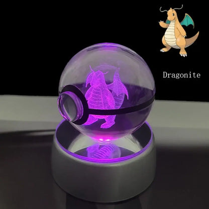 Purple-lit dragonite hologram inside a transparent crystal ball led poké ball lamp with a silver base for night light use