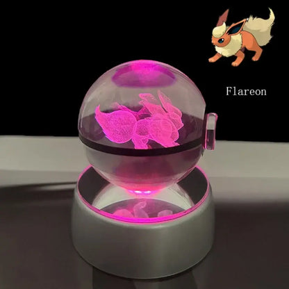 Pokemon pikachu crystal ball led night light featuring a glowing pink flareon figurine in a transparent ball led lamp