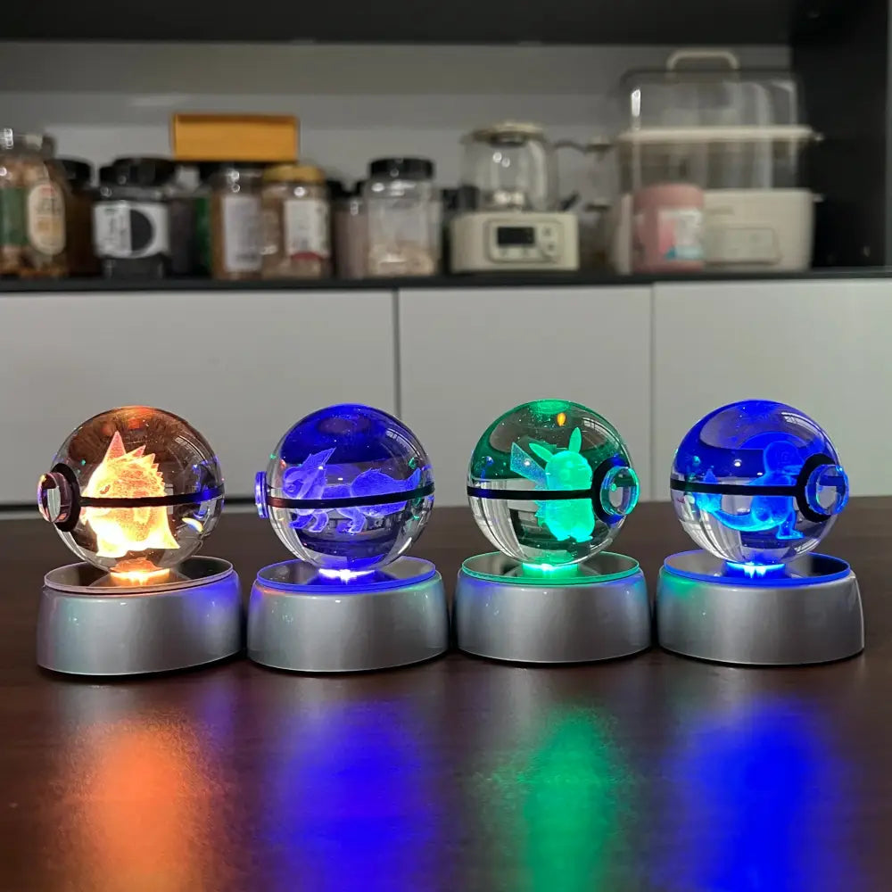 Pokemon pikachu crystal ball led night light features four illuminated crystal ball led lamps with silver bases