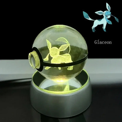 Pokemon pikachu crystal ball led night light glowing transparent ball led with yellow glaceon silhouette inside