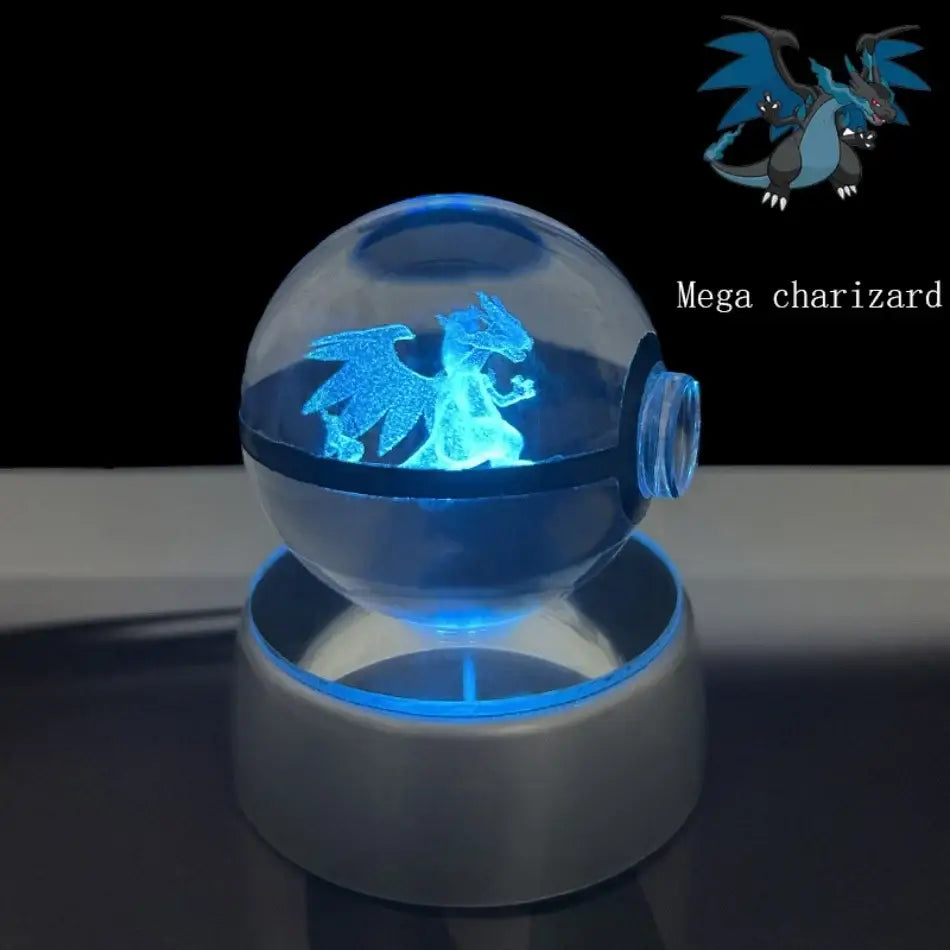 Pokemon pikachu crystal ball led night light featuring a glowing blue mega charizard figurine in a transparent orb