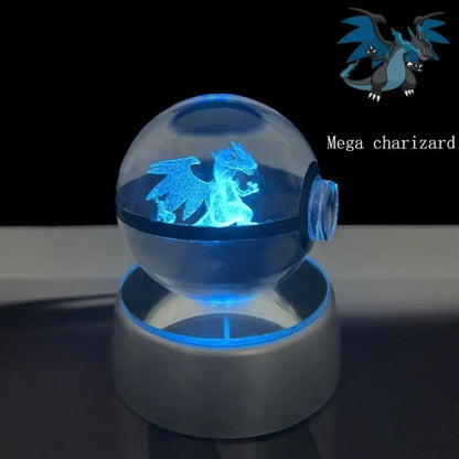 Pokemon pikachu crystal ball led night light featuring a glowing blue mega charizard figurine in a transparent orb