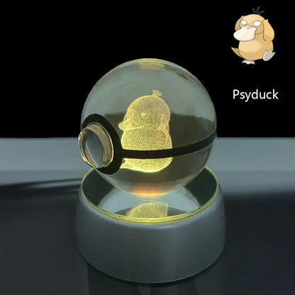Pokemon pikachu crystal ball led night light with glowing golden psyduck inside a transparent poké ball lamp