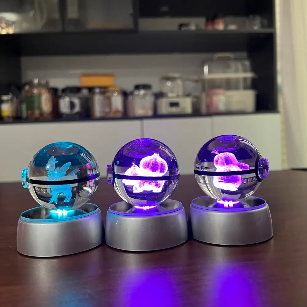 Pokemon pikachu crystal ball led night light with three glowing crystal ball led orbs in blue purple and violet colors