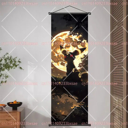 Black and gold eevee charizard scroll painting features a silhouette of eevee against a fiery moon wall decor pokemon pikachu eevee