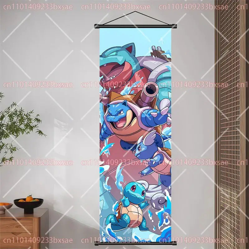 A vibrant pokemon pikachu eevee charizard scroll vertical hanging banner featuring squirtle and blastoise illustration