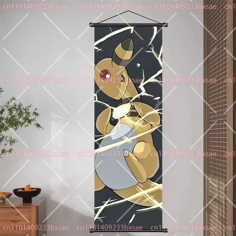 A pokemon pikachu eevee charizard scroll painting wall decor featuring a golden yellow pikachu with red eyes and lightning bolts