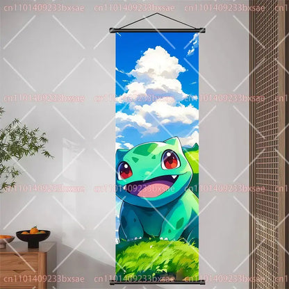 Vertical hanging pokemon pikachu eevee charizard scroll painting with cheerful green bulbasaur on blue sky background