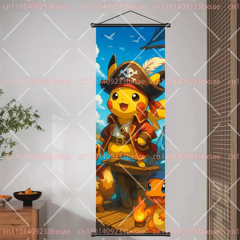 A vibrant pokemon pikachu eevee charizard scroll painting featuring pikachu dressed as a pirate on a canvas banner