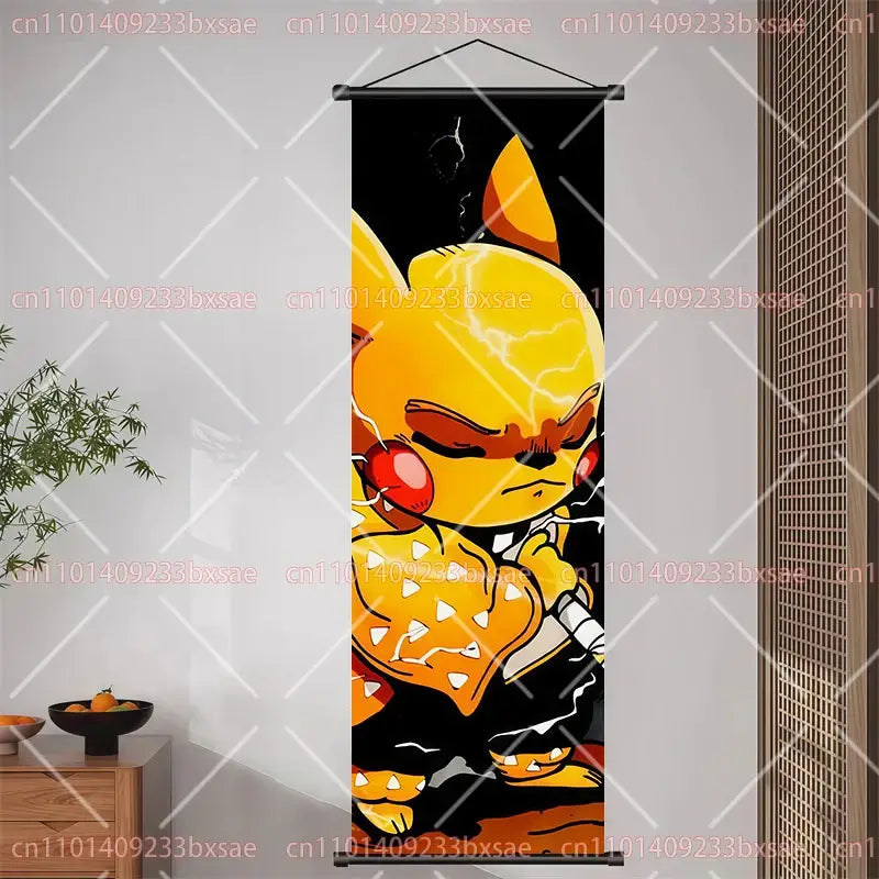 A vibrant yellow pikachu eevee charizard scroll painting with red eyes and lightning bolt details on a black hanging banner