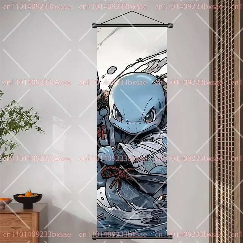 Vertical hanging banner with anime-style blue turtle character and water splashes for pokemon pikachu eevee charizard scroll decor