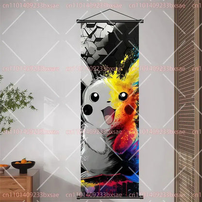A vibrant pokemon pikachu eevee charizard scroll painting with bold black and white outlines and colorful paint splashes