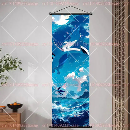 Vibrant blue and white pokemon pikachu eevee charizard scroll painting featuring raikou over ocean waves on canvas wall decor