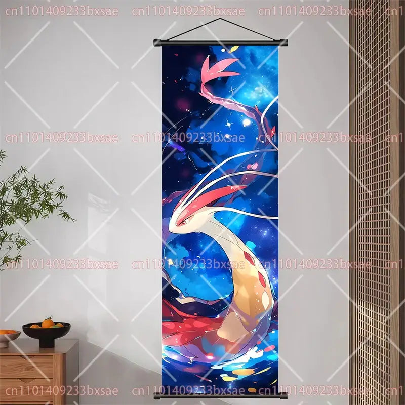 A vibrant pokemon pikachu eevee charizard scroll painting featuring a glowing serpentine pokémon on cosmic background