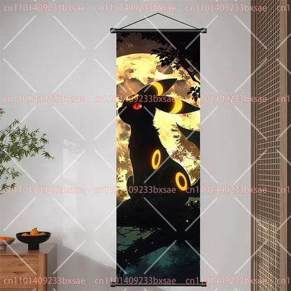 Black and yellow umbreon pokémon wall hanging with glowing red eyes and full moon backdrop in pokemon pikachu eevee decor